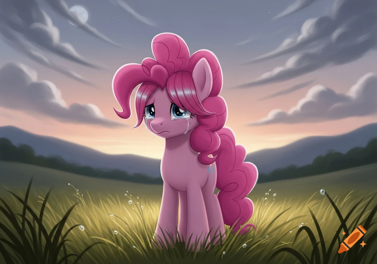 Pinkie Pie, a pink cartoon pony, cries in a grassy field at dusk with mountains and a moon in the background.