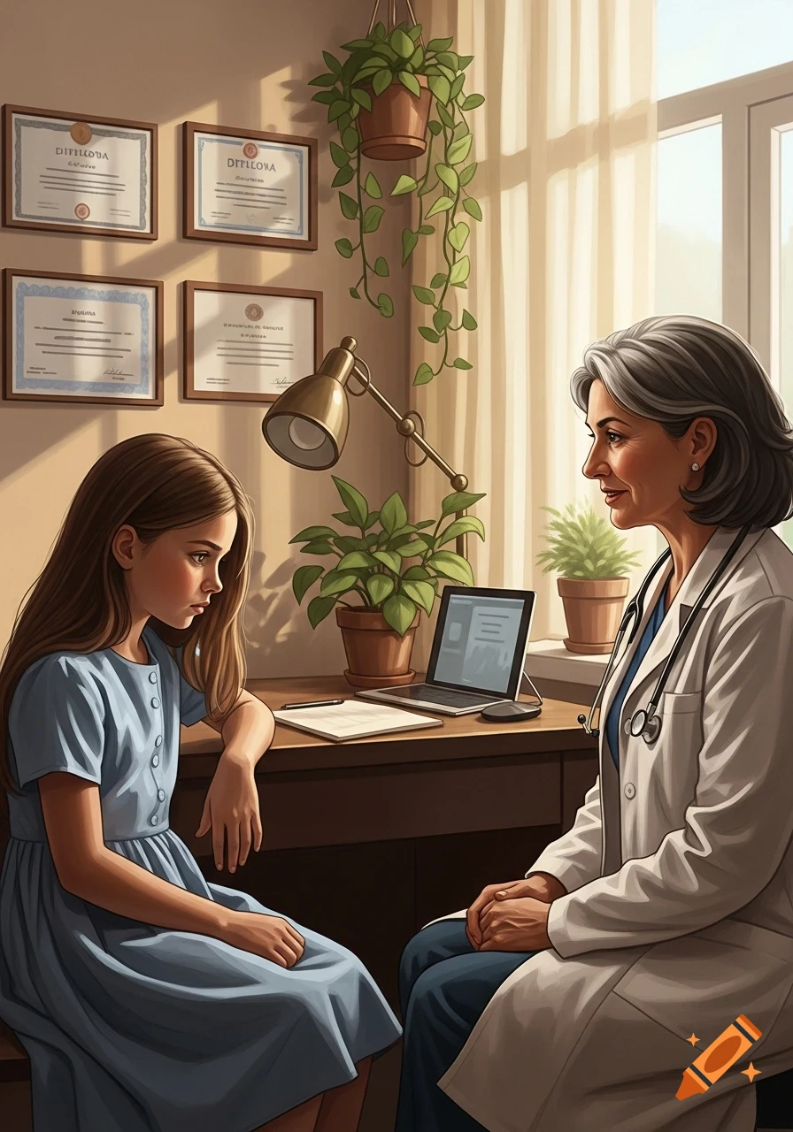 A young girl with long brown hair sits at a desk, looking down, facing an adult female doctor in a sunlit office.