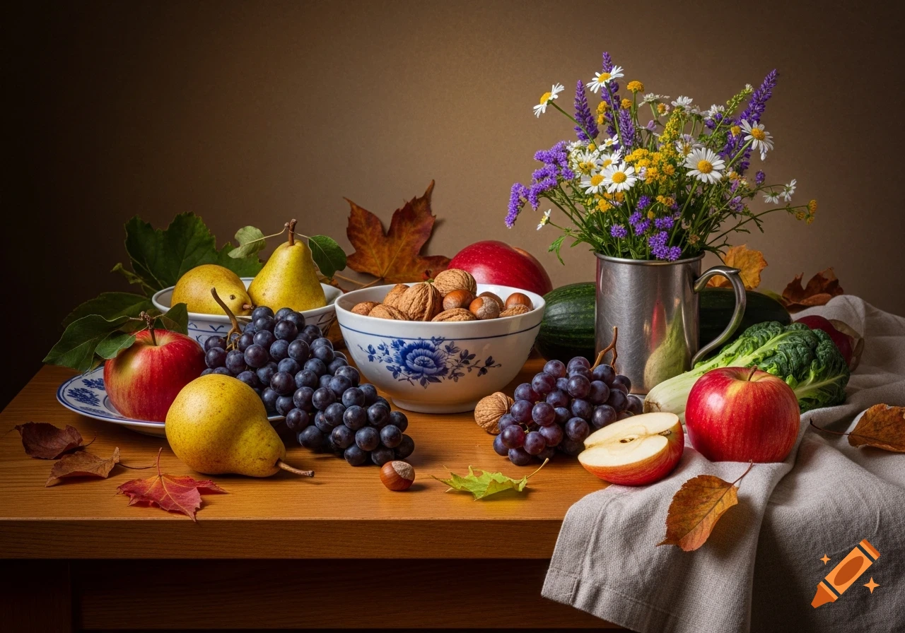 A photorealistic still life featuring pears, apples, grapes, walnuts, wild flowers in a pitcher, and autumn leaves on a wooden table.