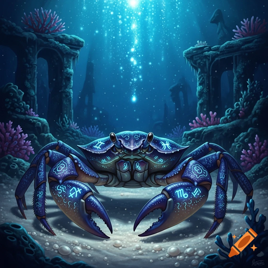 A vibrant blue crab adorned with glowing astrological symbols rests on ...