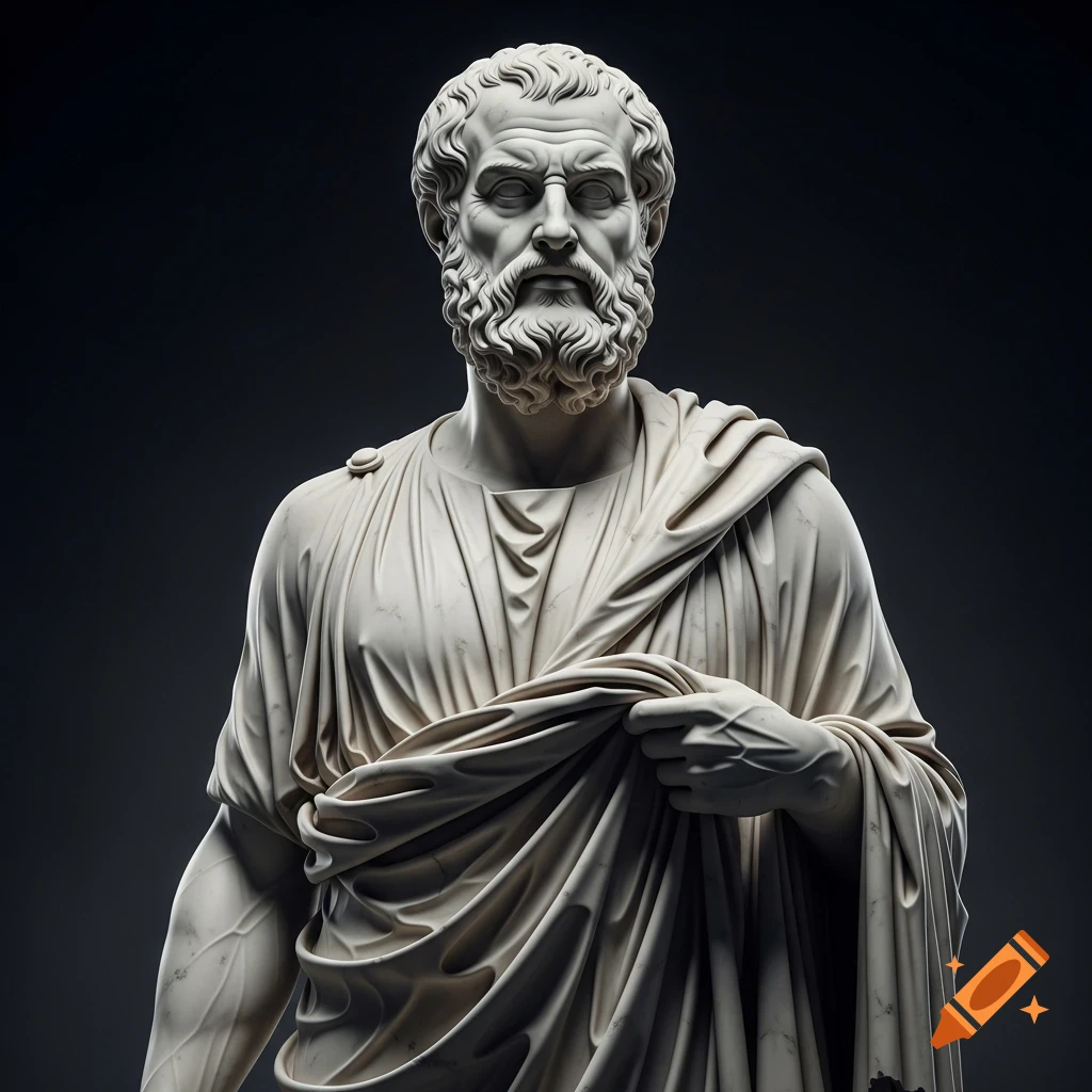 A detailed white marble statue of a stoic philosopher with a beard and toga, rendered in a classical art style with dramatic lighting.