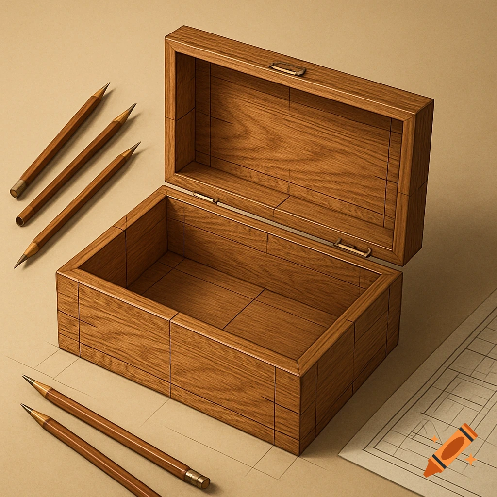 An open rectangular wooden box sits on a light brown surface with several pencils and blueprint-like lines, rendered in a realistic style.