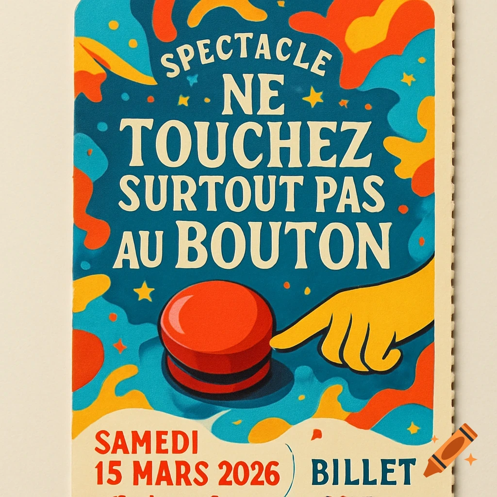 A vibrant, retro-style poster for a show titled "NE TOUCHEZ SURTOUT PAS AU BOUTON" with a hand pointing to a large red button, and the date "SAMEDI 15 MARS 2026".