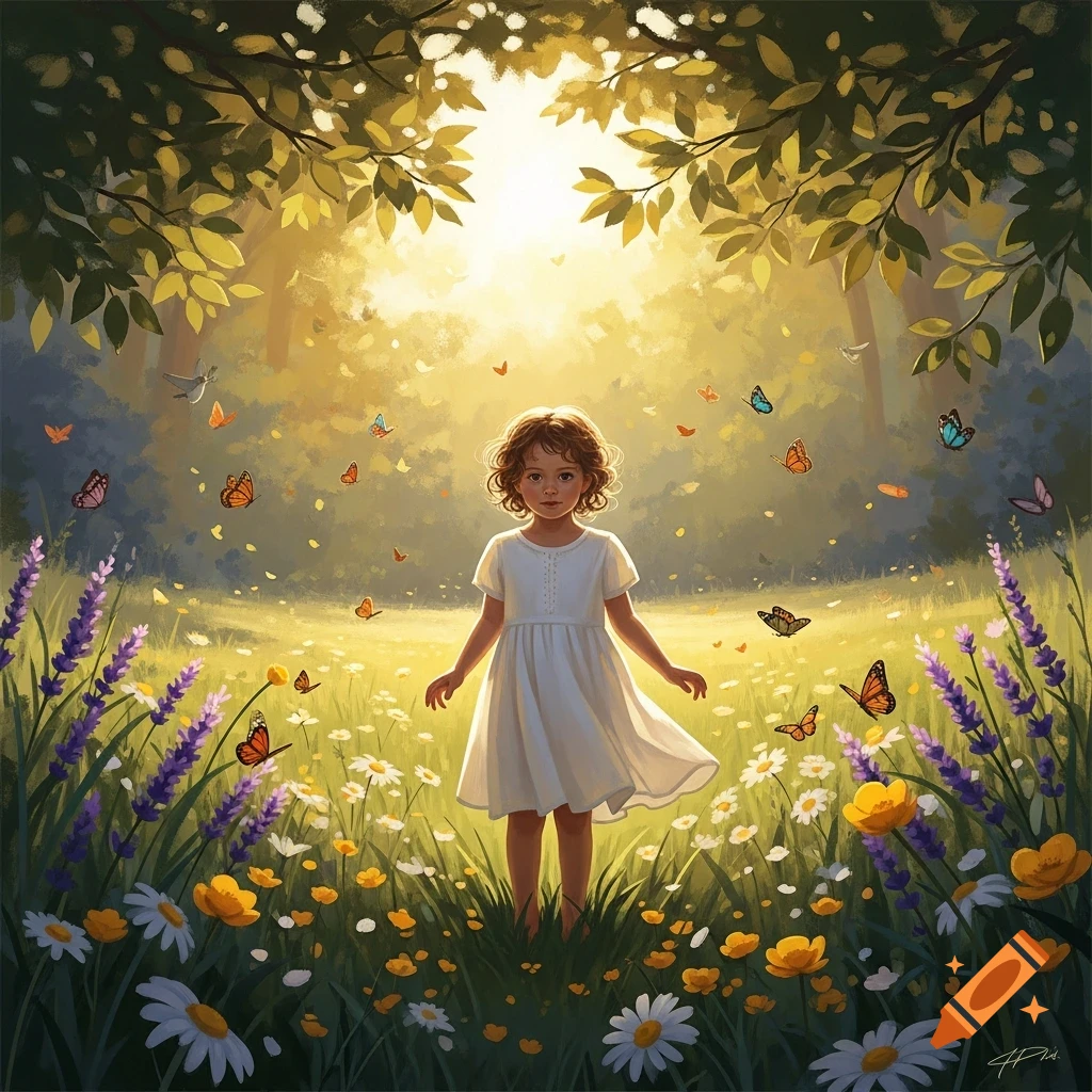 A young girl in a white dress stands in a sunlit, illustrative meadow ...