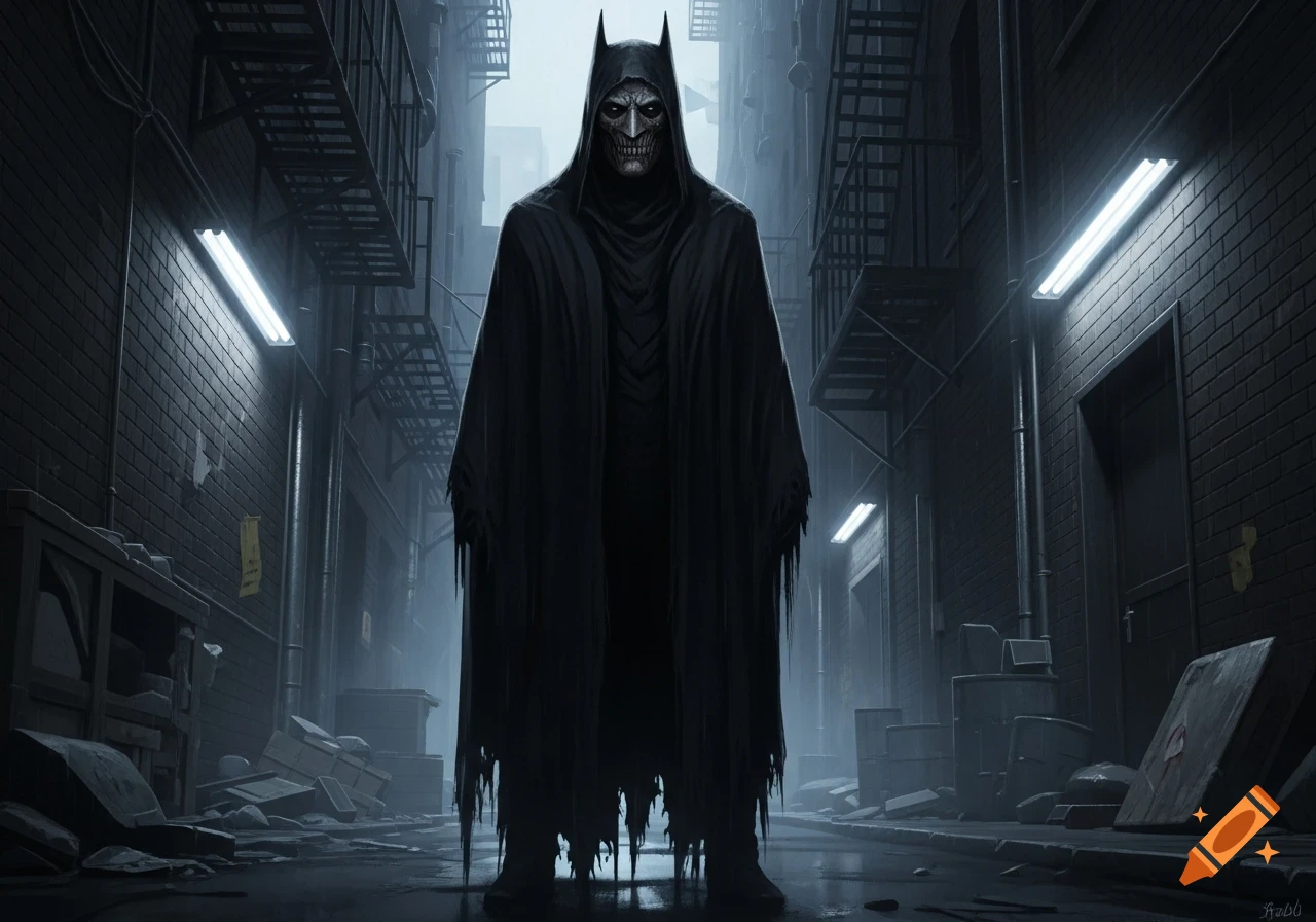 A dark, skeletal figure with bat ears and a tattered black cloak stands menacingly in a shadowy, dilapidated alleyway at night, in a dark fantasy style.
