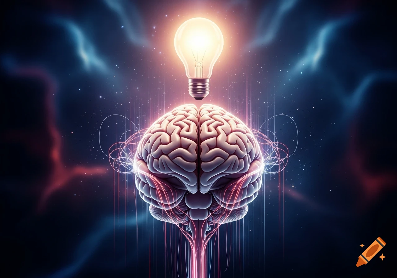 A glowing lightbulb hovers above a human brain, surrounded by abstract cosmic light trails in a conceptual digital artwork.