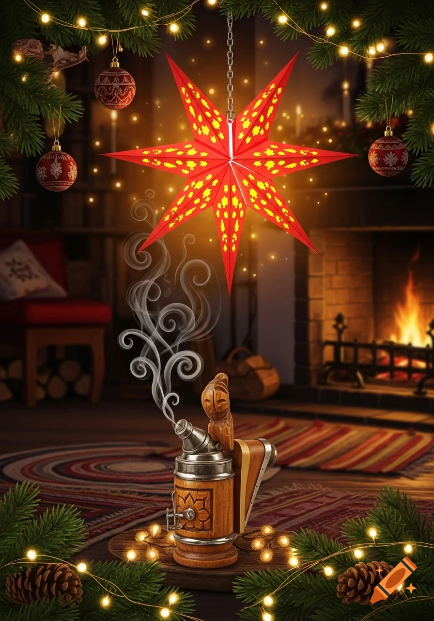 A red and yellow Moravian star hangs above a smoking wooden incense smoker in a cozy, festive room with a fireplace and Christmas decorations.