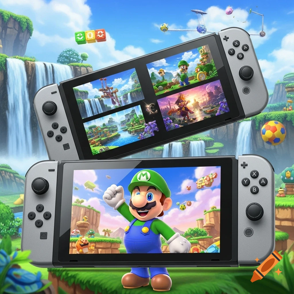 Two Nintendo Switch consoles, one showing Luigi and the other with four game scenes, set in a vibrant cartoon world with waterfalls.