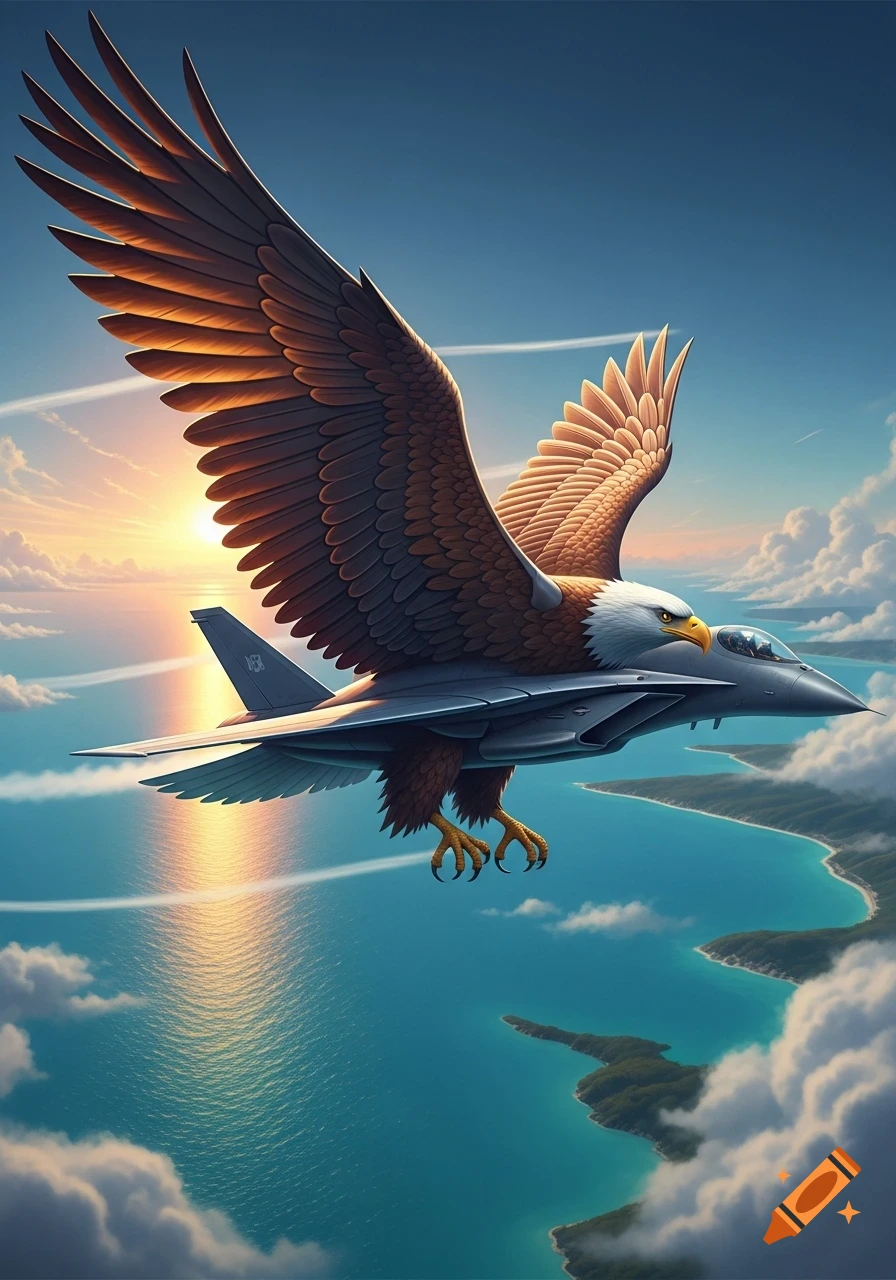 A fantasy image of a majestic eagle fused with a fighter jet, soaring above a sunny tropical coastline with islands.