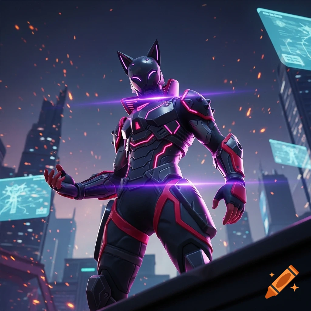 A cat-eared character in a black and red armored suit with purple glowing accents stands in a dark futuristic city.