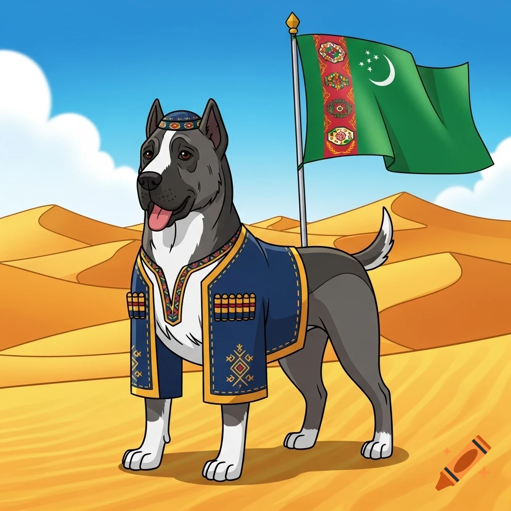 A cartoon Turkmen Alabai dog wearing a traditional Takhiya hat and blue jacket stands in a desert with the Turkmenistan flag.
