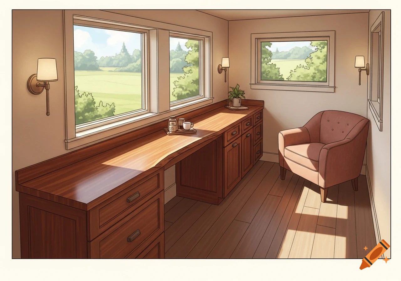 An illustrated room featuring a long cherry wood counter desk under multiple windows overlooking a green landscape, with a pink armchair in the corner.