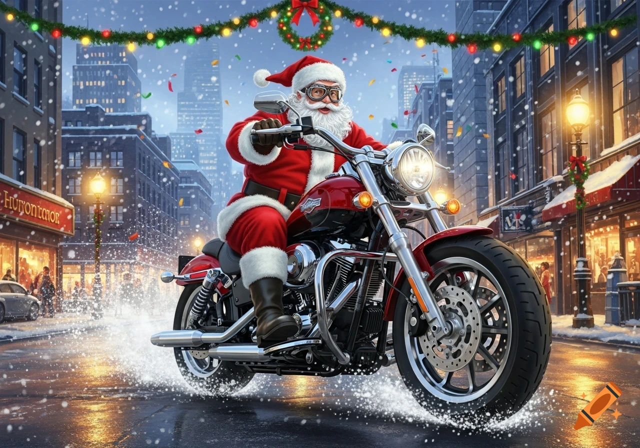 Santa Claus in sunglasses rides a red Harley-Davidson motorcycle through a snowy city street adorned with Christmas lights.