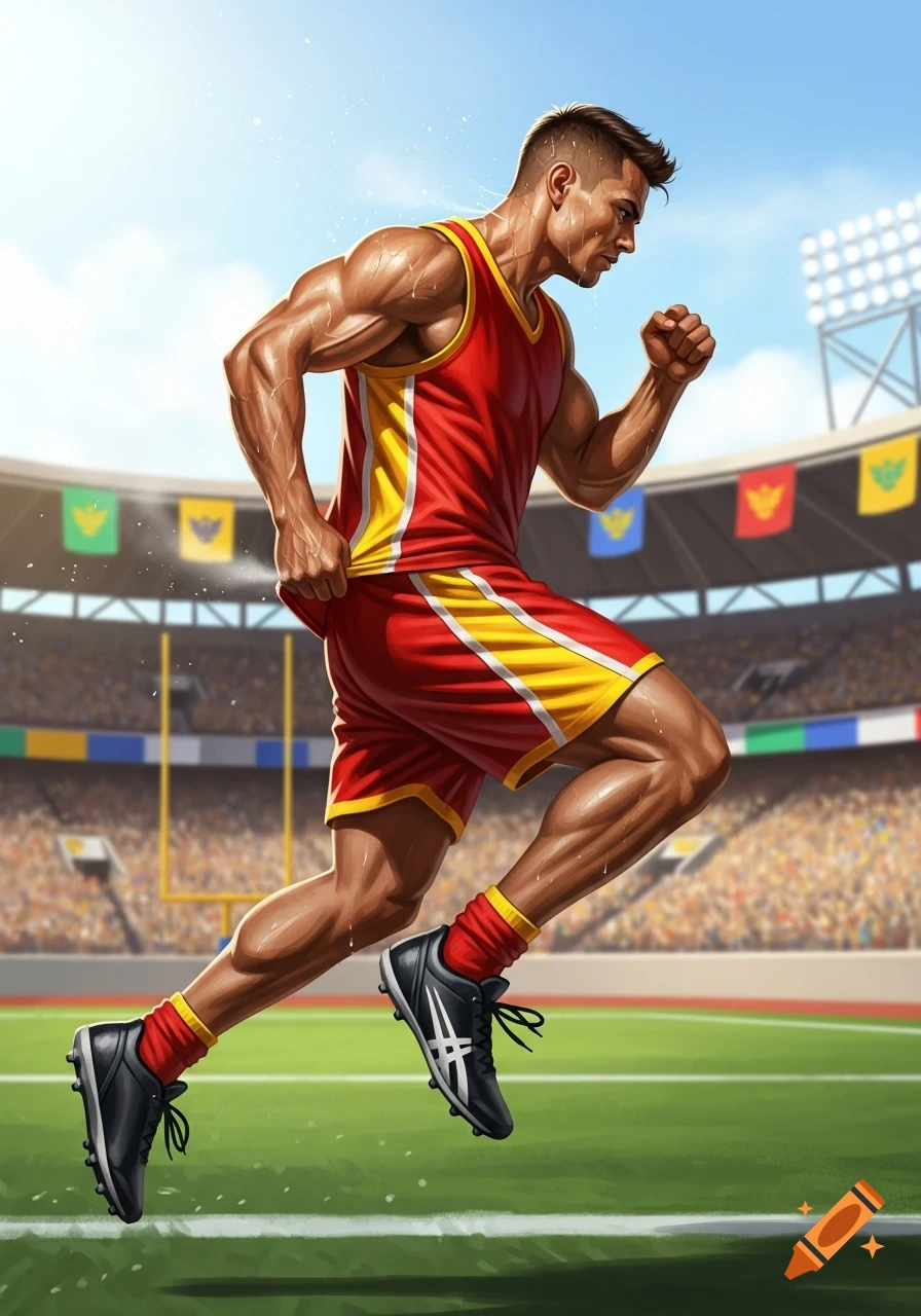 Muscular male athlete running in a red and yellow uniform on a green field inside a stadium, rendered in a realistic illustration style.