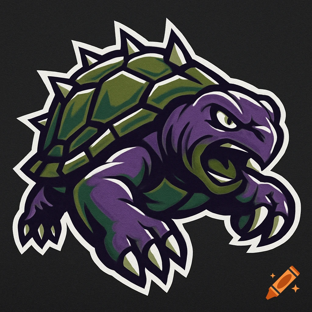 A stylized, fierce angry turtle logo with a spiked shell, in dark vibrant purple, swampy green, and white on a dark background.