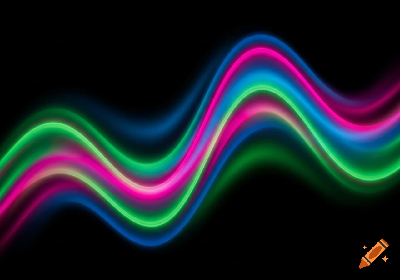 Abstract glowing green, pink, and blue wavy lines against a black background.