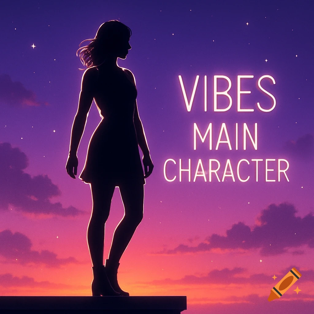 A silhouette of a woman standing on a rooftop against a vibrant purple and orange sunset sky with stars and neon text 'VIBES MAIN CHARACTER'.