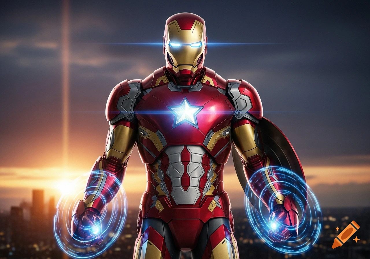 Iron Man in his red and gold suit with glowing eyes and hands, standing against a sunset city skyline.