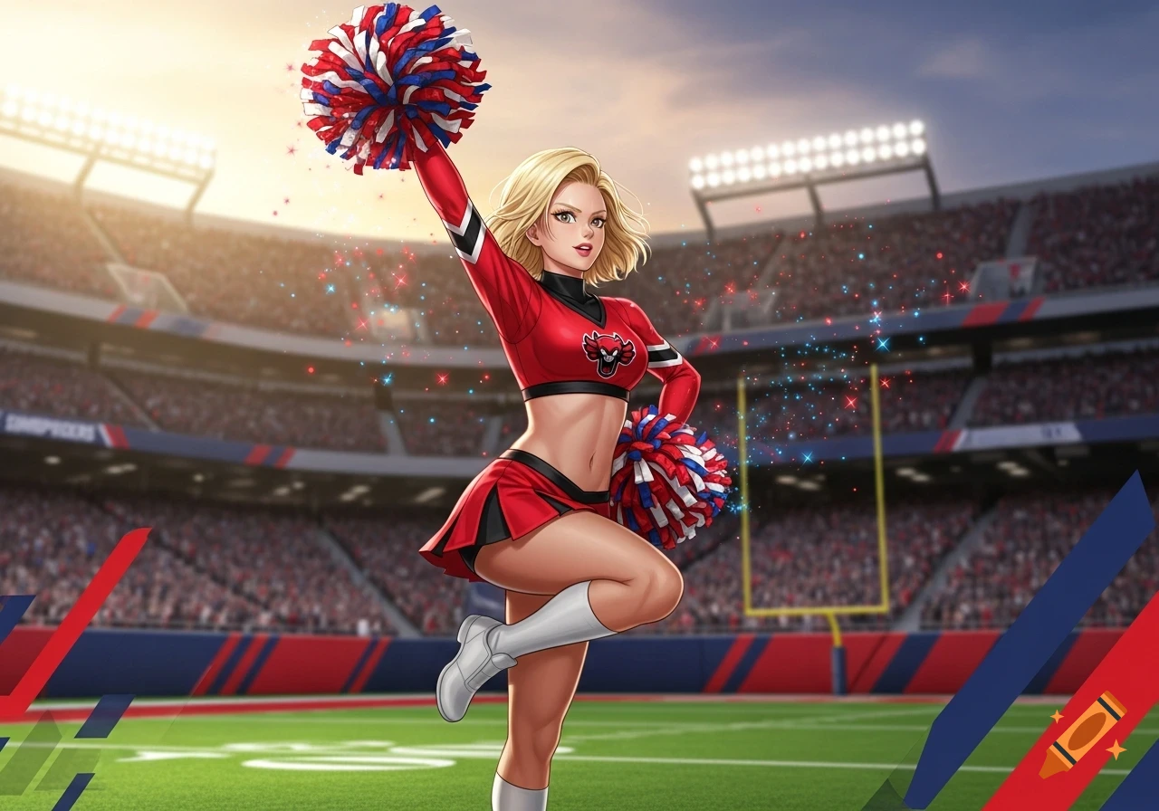 An anime-style blonde cheerleader in a red and black uniform with pompoms poses in a vibrant stadium at sunset.