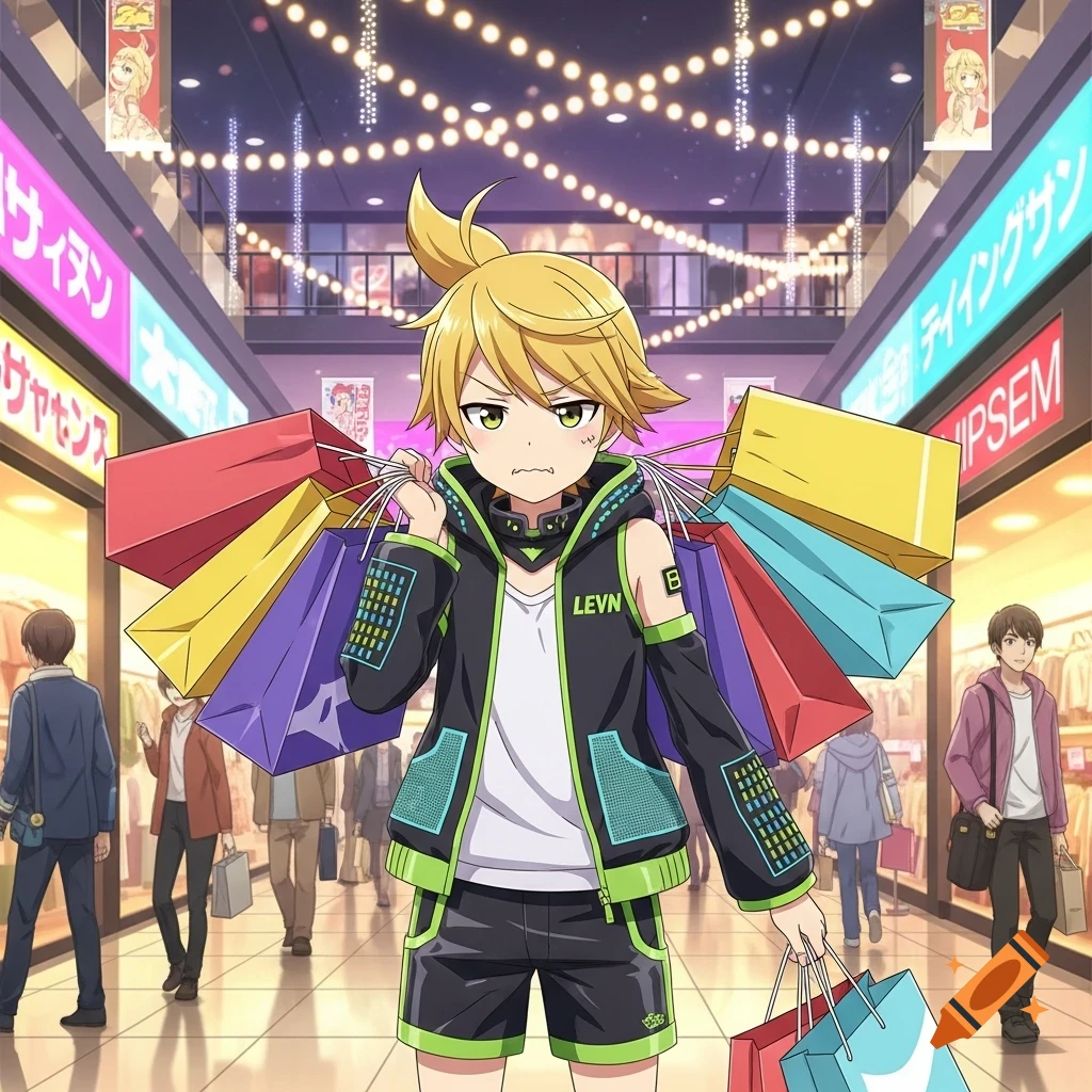 An anime boy with blonde hair, wearing a black and green hoodie and shorts, frowning while carrying many colorful shopping bags in a bustling mall.