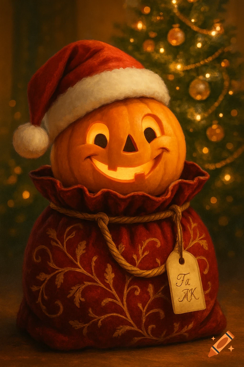 A smiling jack-o'-lantern wearing a Santa hat emerges from a decorated red gift bag, with a blurry Christmas tree in the background.