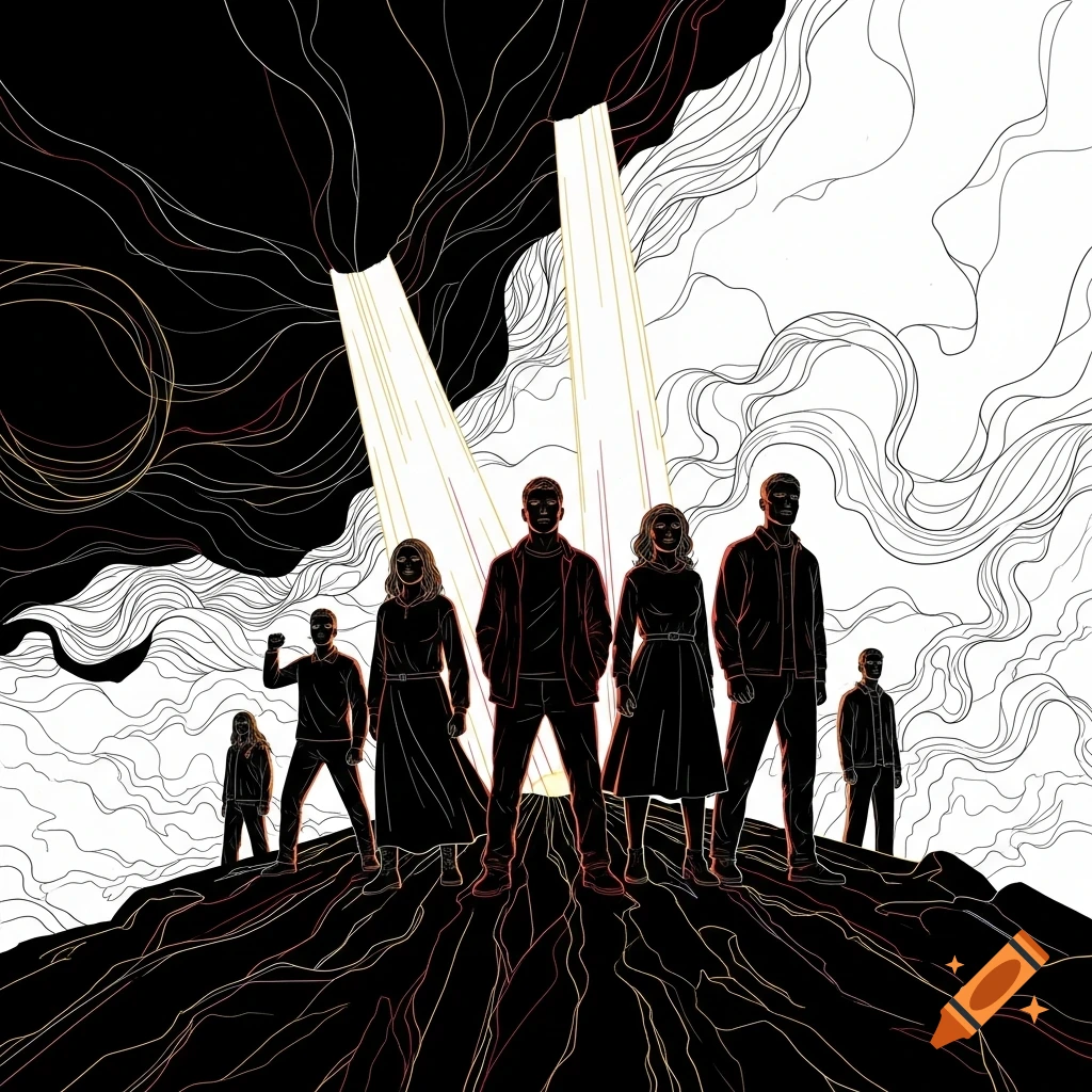 Stylized illustration of a group of people as silhouettes with red outlines on a dark hill, illuminated by light beams.