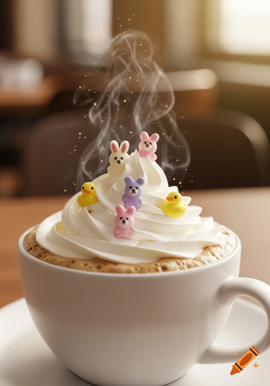 Hot coffee in a white mug topped with whipped cream, pastel sugar bunnies, and ducks, with steam and golden sparkles.