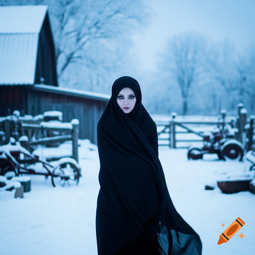 A pale-skinned woman in a black hijab stands in a snowy farmyard, looking at the viewer.