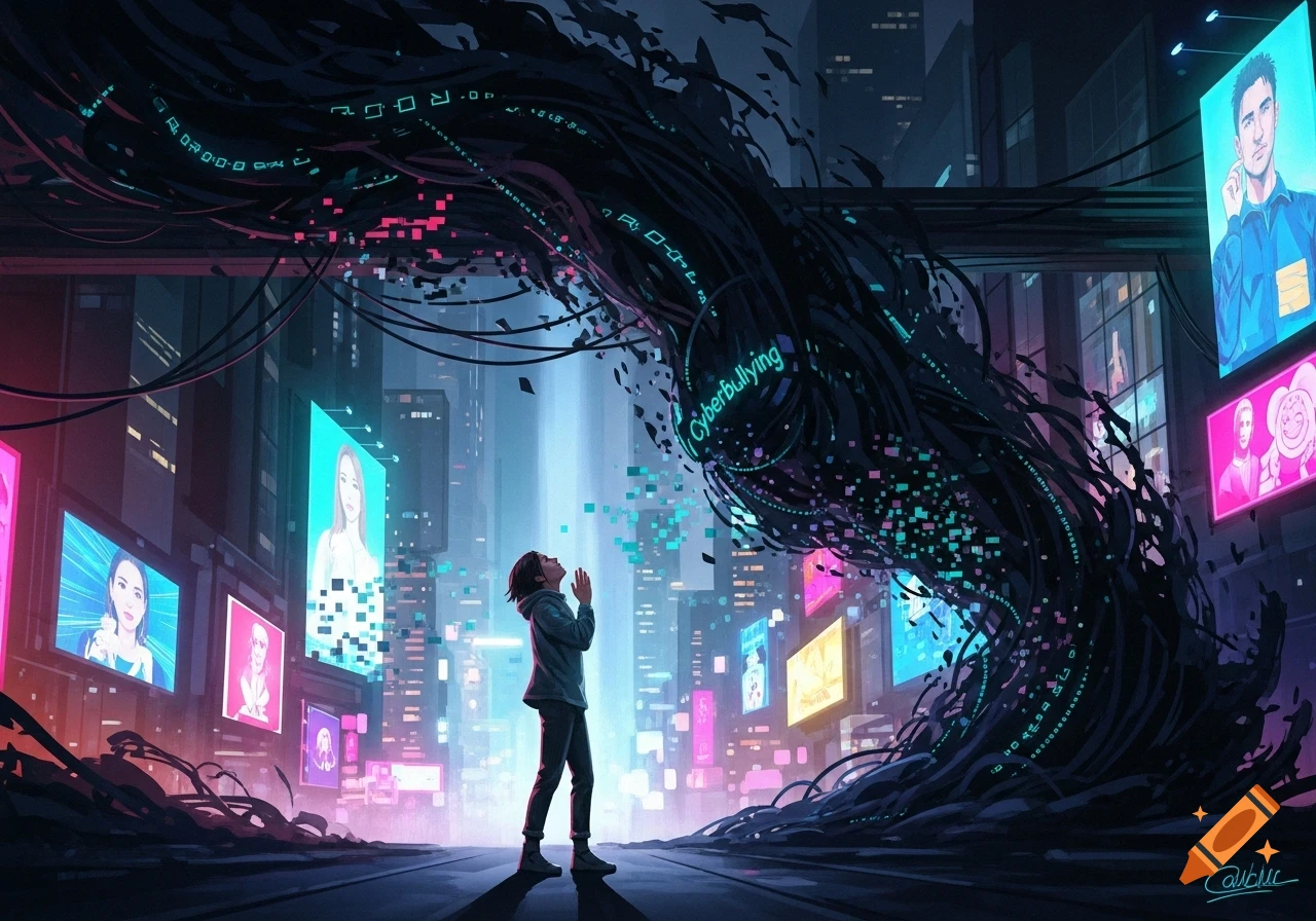 A figure in a futuristic city looks up at a dark, swirling mass of wires labeled 'CyberBullying' amidst glowing digital screens.