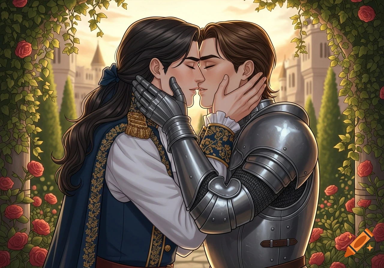 A semi-realistic drawing of a prince and a knight kissing among roses, with a castle in the background.