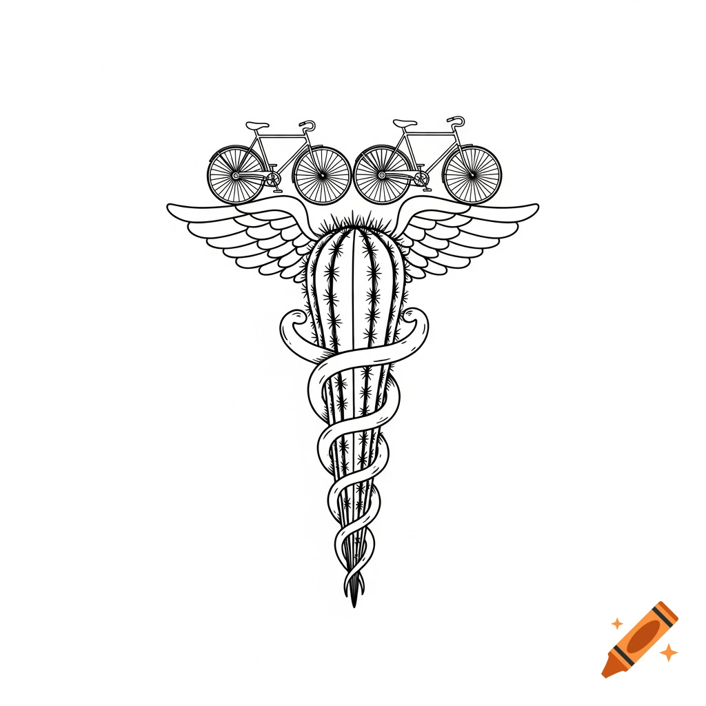 Black and white line art of a caduceus symbol with a cactus as the rod and two bicycles as the wings, wrapped by a ribbon.