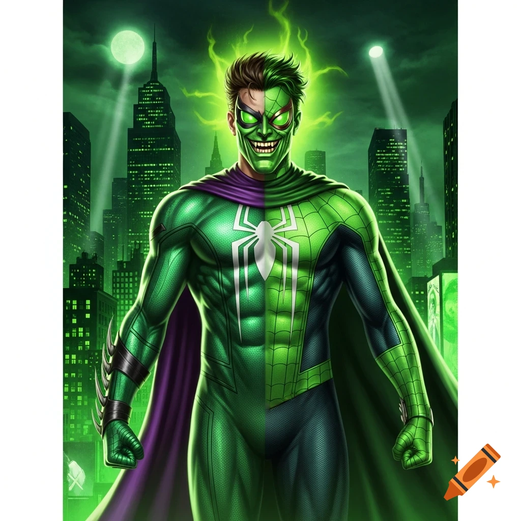 Muscular man, part Green Goblin and Spider-Man, in a green and purple suit with a white spider, stands before a green city skyline.
