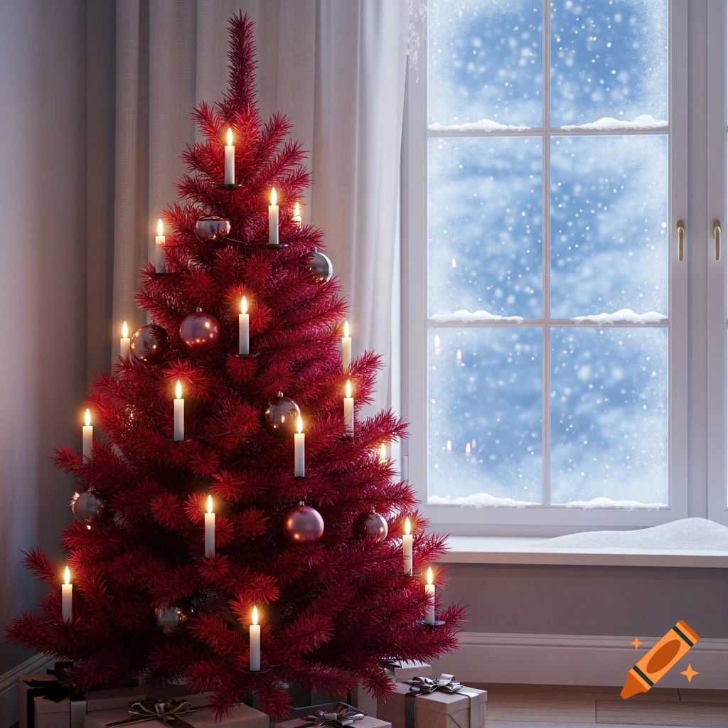 A red Christmas tree with glowing white candles and ornaments, with presents underneath, next to a snowy window.