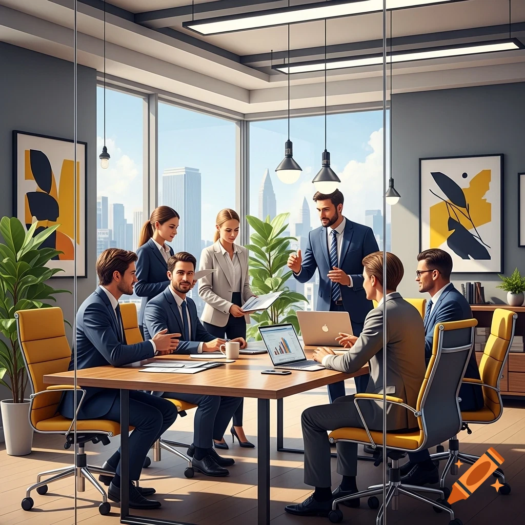 A photorealistic image of several businesspeople in suits having a professional discussion around a conference table in a bright, modern office.