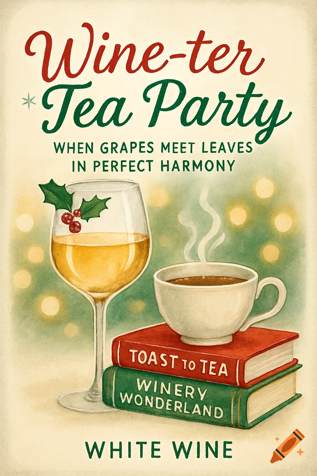 Holiday illustration featuring a wine glass with holly, a teacup, and stacked books with text 'Wine-ter Tea Party' and 'White Wine'.