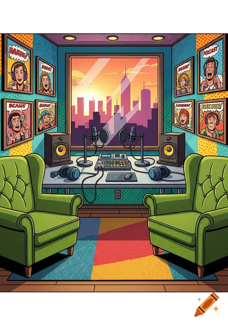 A colorful comic-style podcast studio with two green armchairs, microphones, a mixing board, and speakers. A window reveals a city skyline at sunset. Walls feature framed portraits with gibberish text in speech bubbles.