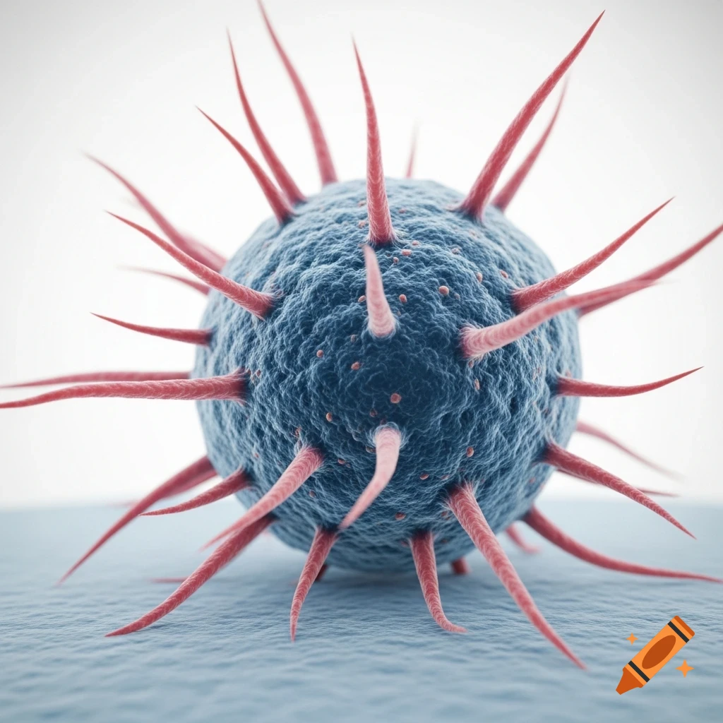 A highly detailed 3D illustration of a blue, spiky biological cell with red protrusions, against a white background.