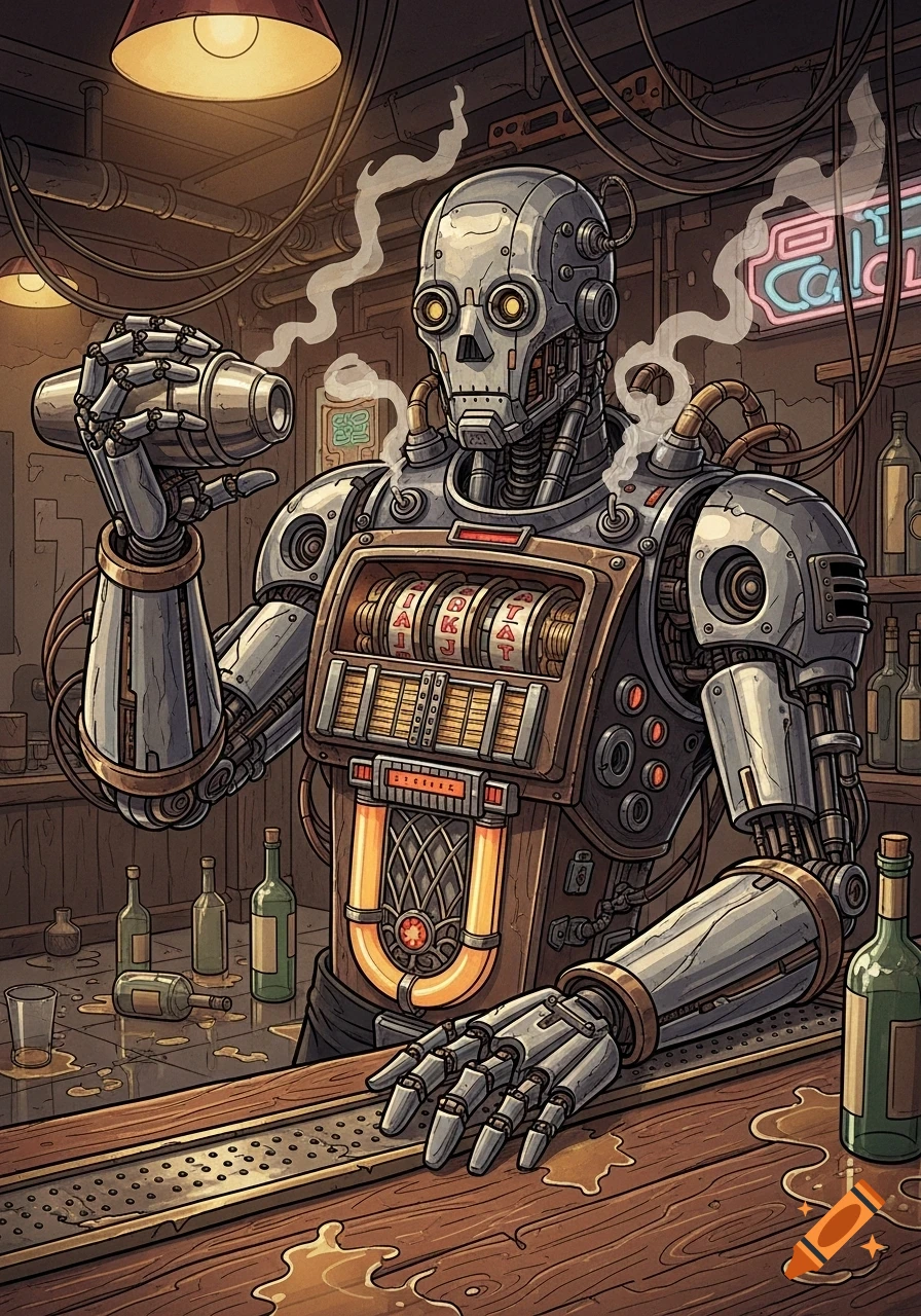 A retro-futuristic robot bartender with glowing eyes and a jukebox torso serves a drink in a gritty, steamy bar, in a graphic novel style.