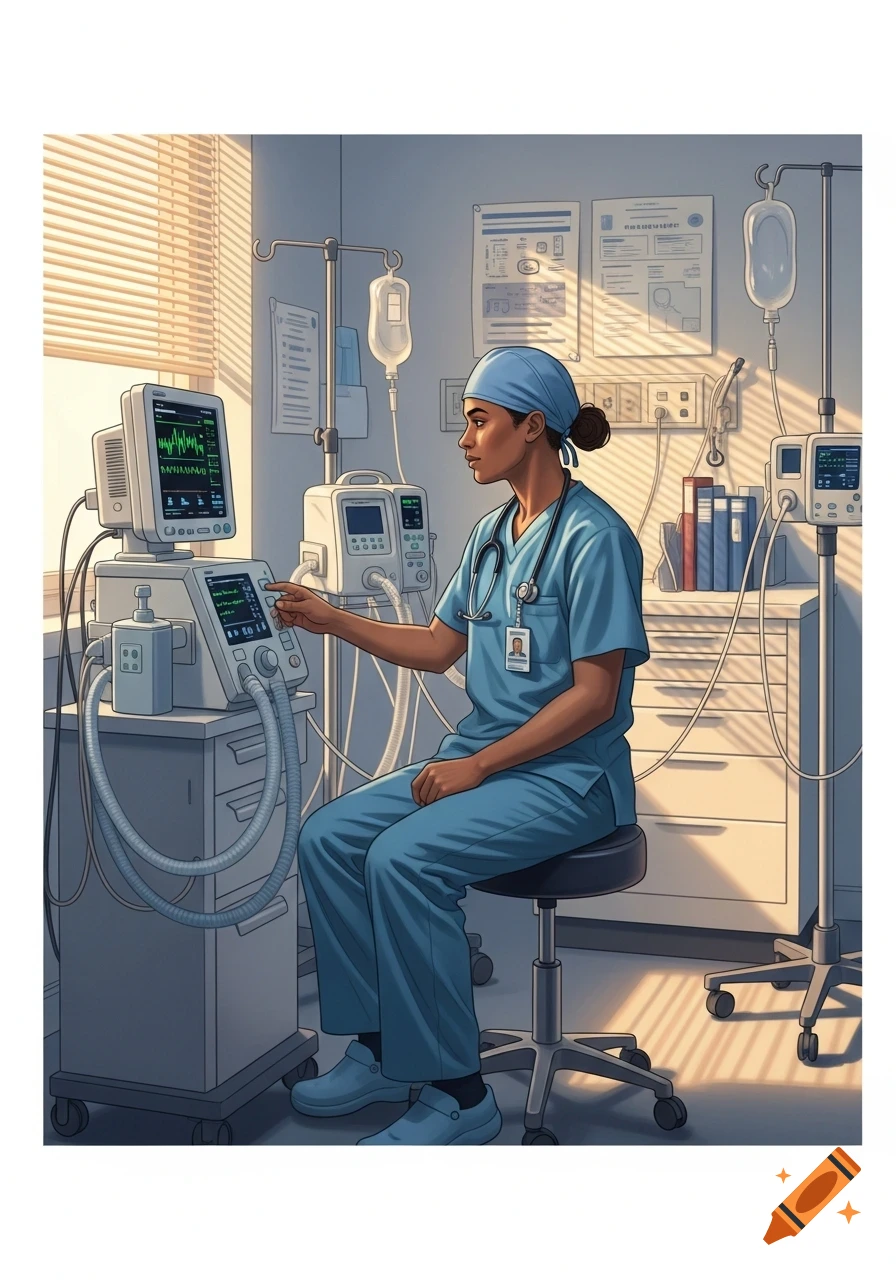 Dark-skinned respiratory therapist in blue scrubs adjusting a medical ventilator in a hospital room with monitors, bathed in sunlight.