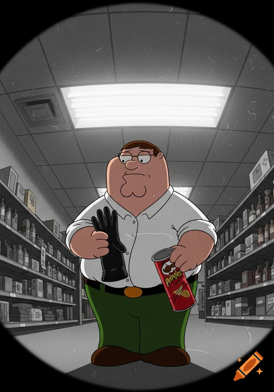 A grainy, fisheye security camera view shows Peter Griffin holding a black glove and a Pringles can in a monochromatic store aisle.