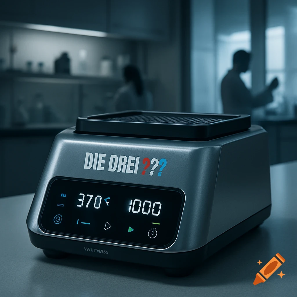 A silver thermoshaker machine with the text "DIE DREI??" on its front panel, displaying digital readings in a dimly lit lab.
