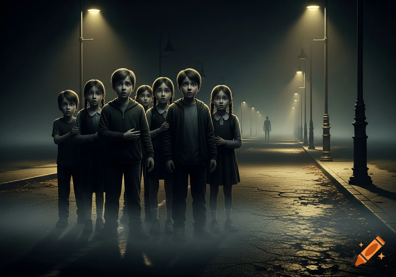 Scared children stand on a dark, foggy street under streetlights, with a shadowy figure in the distance.
