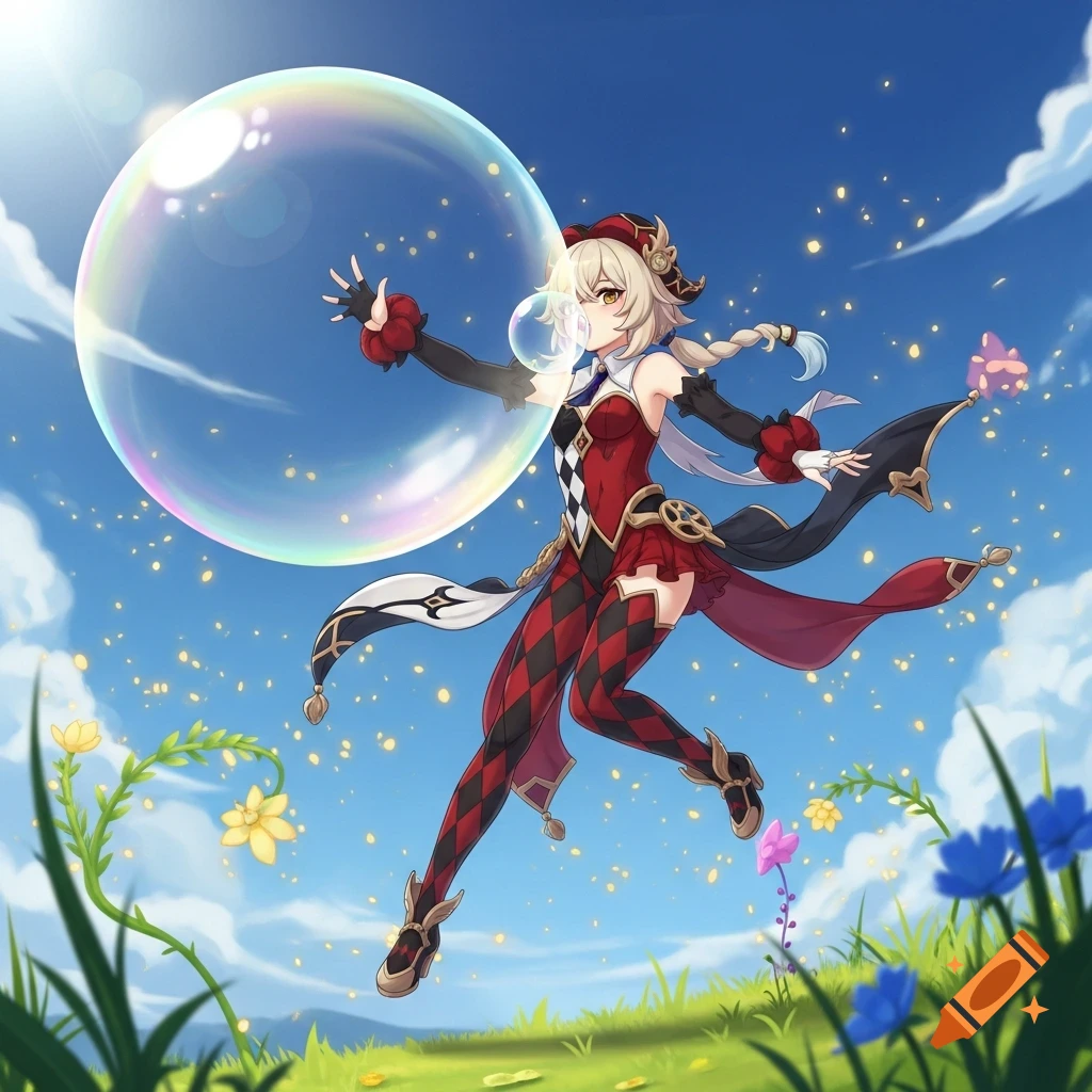 Anime girl in a red and black harlequin-patterned outfit blowing a giant iridescent bubble under a sunny blue sky with a green field and flowers.