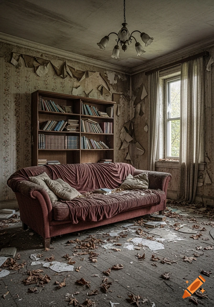 A hyperrealistic photo of an abandoned living room with a red sofa, bookshelf, peeling wallpaper, and debris on the floor.