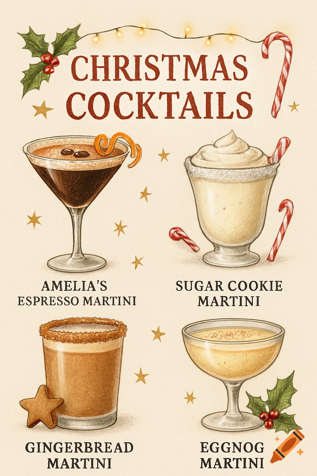 Illustrated Christmas cocktail menu featuring Amelia's Espresso, Sugar Cookie, Gingerbread, and Eggnog Martinis.