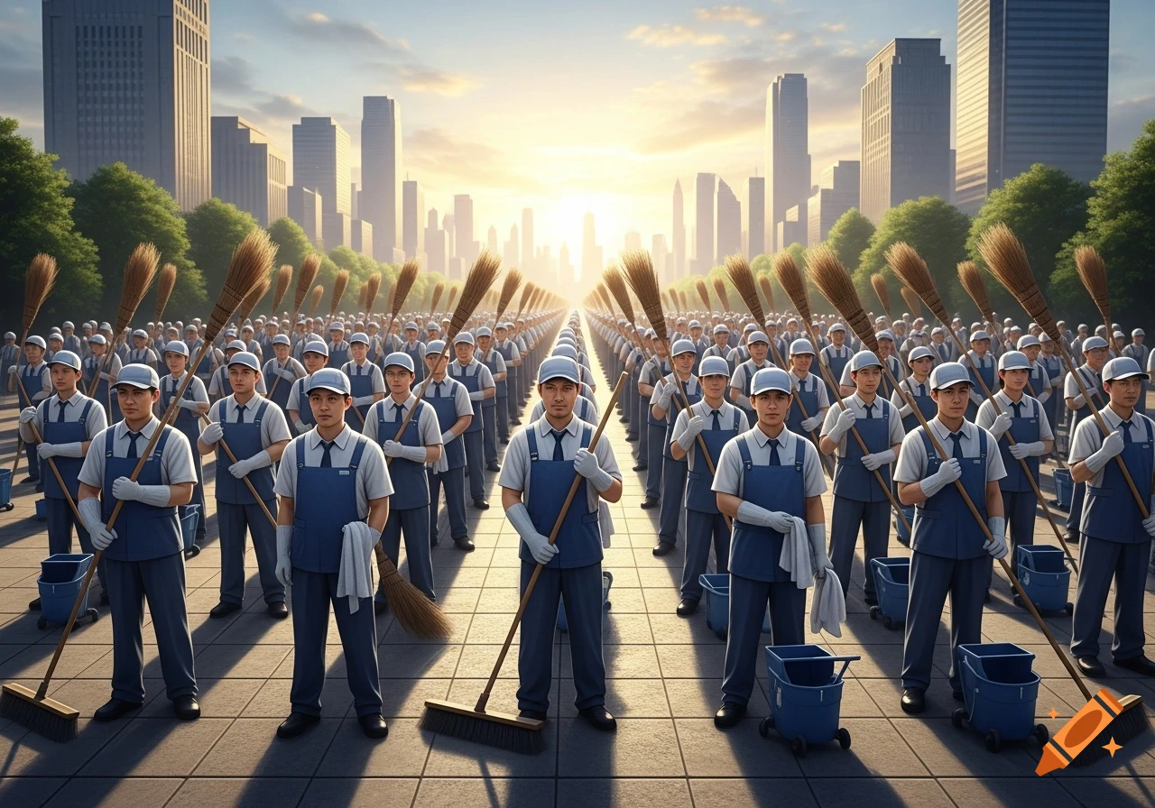A large army of janitors in blue and white uniforms holding brooms and cleaning carts stands on a city street at sunrise, with tall buildings in the background.