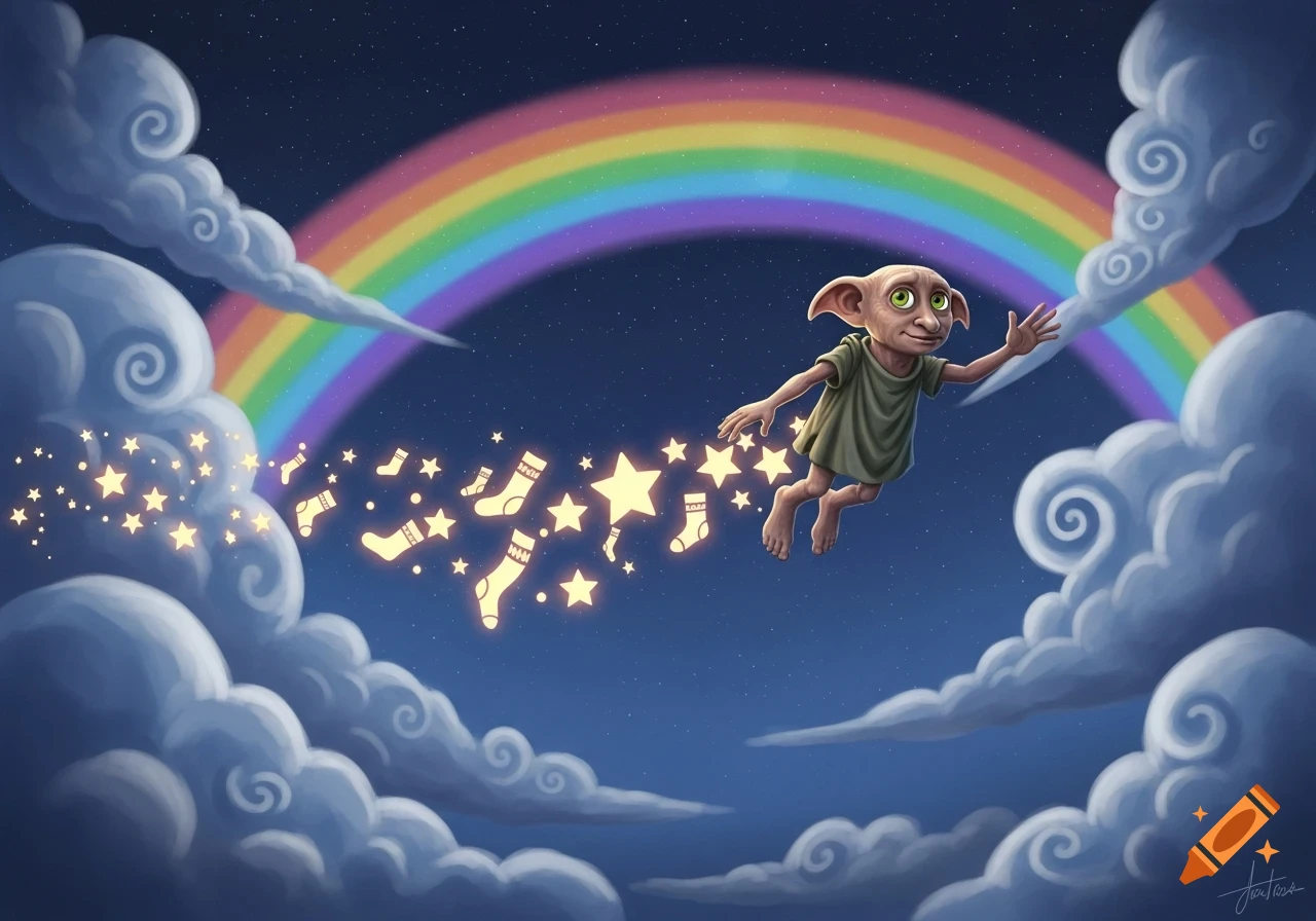 Dobby the house-elf flies under a rainbow in a starry night sky, trailing glowing stars and socks.
