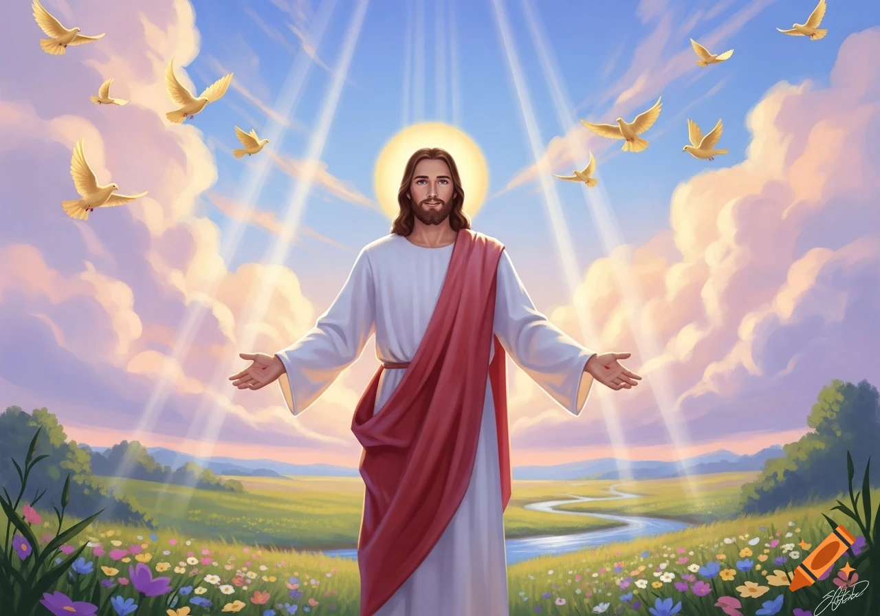 Jesus stands with open arms in a vibrant meadow with wildflowers, under a sky with sunrays and flying doves, a river winding behind him.