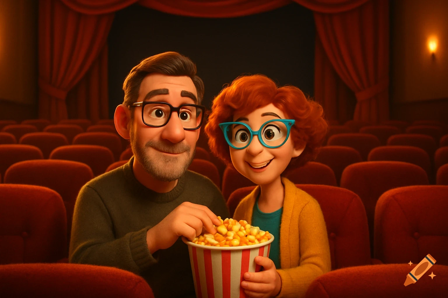 A Pixar-style animated couple with glasses shares a popcorn bucket in a movie theater with red seats.