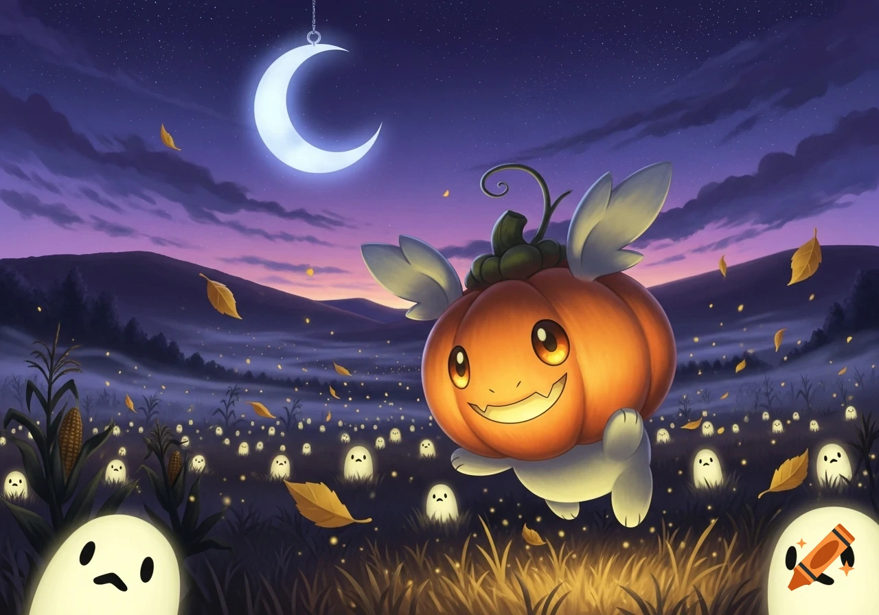 A whimsical Pumpkaboo, a flying pumpkin creature, smiles among glowing ghosts in a cornfield under a crescent moon at night.